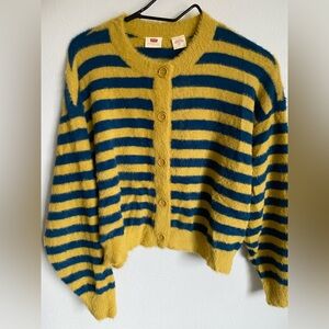 Striped Fuzzy Button-Front Sweater - Yellow & Teal